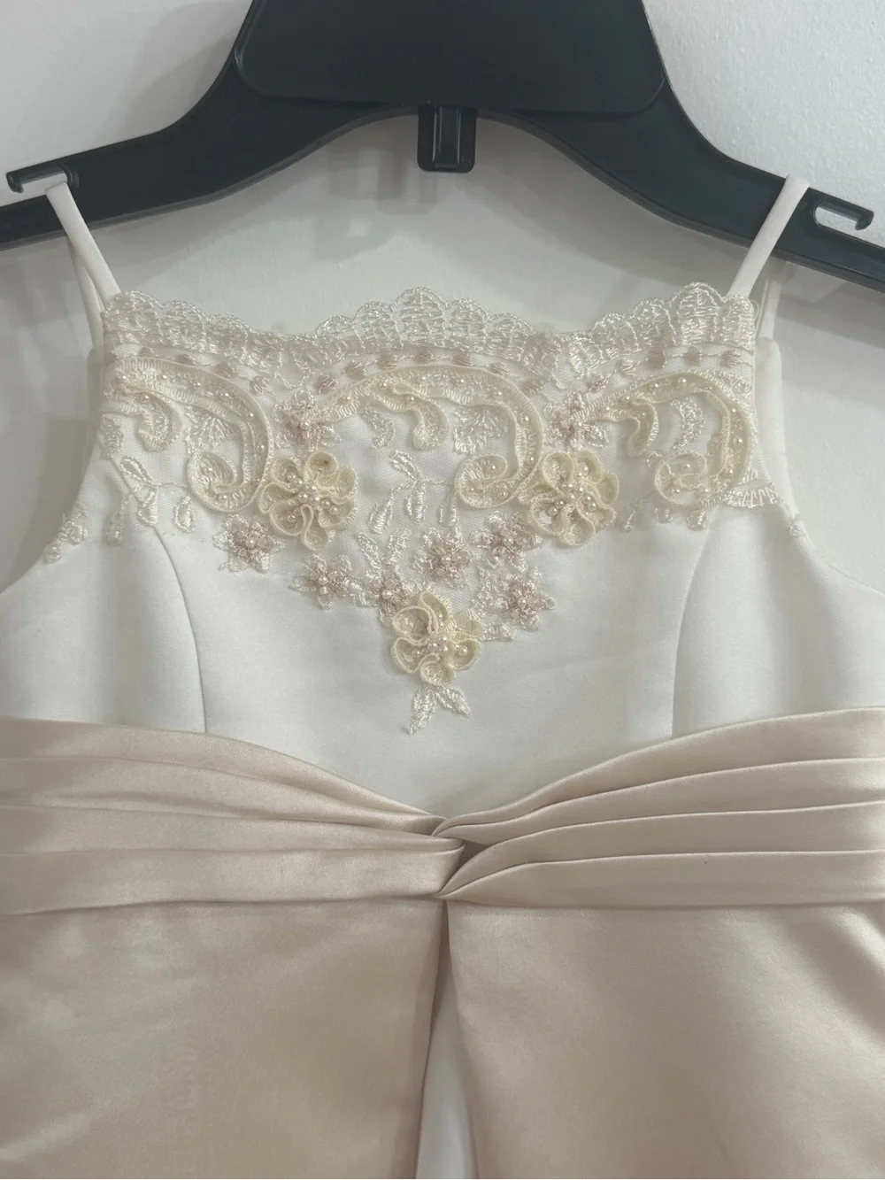 David's Bridal 2T Flower Girl Satin Dress High-Low Train - Ivory/Champagne